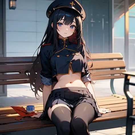 Anime girl sitting cross-legged on a bench, Enchanting anime girl,Naughty anime style, Wearing a uniform、The underboob is visible、I can see your belly、I can see your pants、Black Stockings、Wearing a hat、Not wearing a skirt、Black hair with blue and red lines...