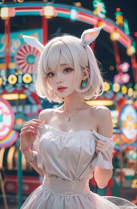 30 years old, Wide-angle lens, A woman in stylish spring clothes、Woman enjoying merry-go-round at night,thin、Serious expression、Short-haired、Deadly position, Gorgeous Necklace, Light milky porcelain skin, Smooth, Translucent white skin, Enchanting anime gi...