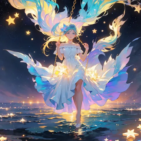 Woman on a swing,Panorama,whole body、On the water,Ocean, Starry Night,Dark night sky,moon,_Many star marks, colorful, Pastel and bright colors, Mysterious colors,Panorama,、 High translucency gradient hair, beautiful, Art Style,Delicate and delicate golden ...