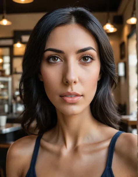 (foreground) very detailed photograph of an Italian, Detailed coffee shop background, (with black hair), (dark eyes) (Symmetrical beautiful face) beautiful and clearly defined nose, (well defined and angular jaw), proportional and full lips, stunning reali...