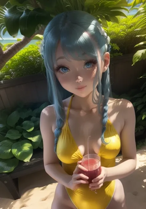 girl、、Yellow swimsuit、whole body。blue eyes、Gray Hair、、Seductive pose、front、、Outdoor、garden、Beach、