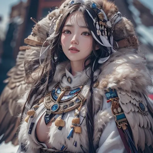 Hiding in the snowy mountains、Hair flow、 ((highest quality、masterpiece、8k、Best image quality、Ultra-high resolution、Award-winning works)、(Accurate anatomy:1.1)、(Look at me and smile:1.1)、Shining fair skin with Ultra-high resolution、The most detailed face、Ul...