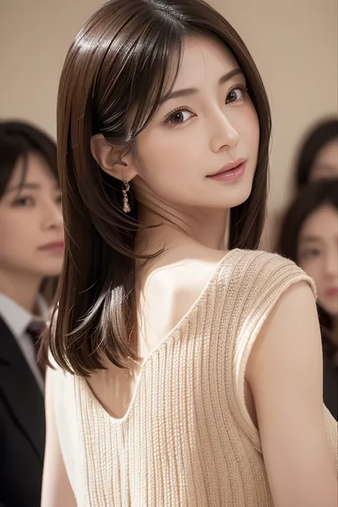 (Highly realistic photos, High resolution, Detailed face, Fine grain), Japanese women, 40 years old, Various expressions, alone:1, Thin body type, Medium chest, Accentuates a very slim waist, Beautiful ass, Mr.々Hair style, Knitted dress, Looking back at th...