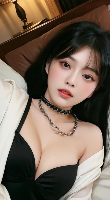 highest quality, masterpiece, High definition, 16K quality, beautiful , Super Fine Face,Japanese, Long black hair, double eyelid,Black collar, Chain attached to collar, Sexually excited, Plump and large breasts, Bitch,A dreamy look,Lying in bed