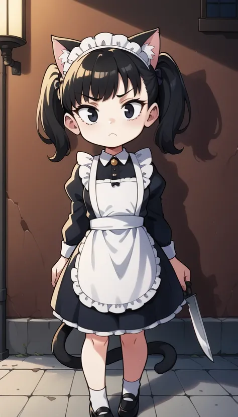 Fraction_9, Fraction_8_up, Fraction_7_up, Fraction_6_up, Fraction_5_up, source_Japanese cartoons,  1 Girl, Solitary,  twinTails, Black Hair, black eyes,  Slightly frown, Eye bags, eyestrain, Cat ears, Tail, maid, whole body, Take a knife, Point to viewer, ...