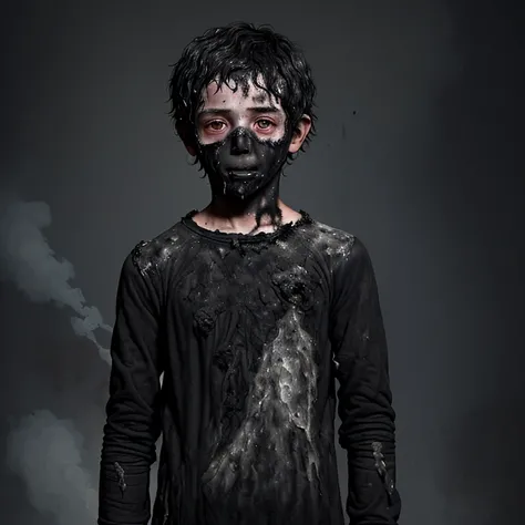 A boy covered in soot wearing burnt clothes after a failed experiment