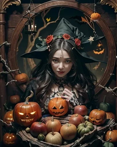 highest quality, masterpiece, Attention to detail, Intricate details, Realistic, Mysterious Halloween woman with bright expression, Spooky atmosphere