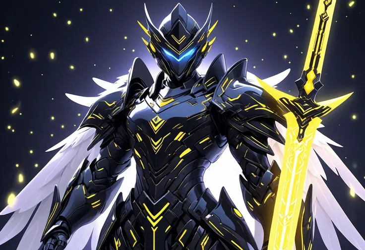 1 person. male, Solitary, Wearing black technological armor, Holding a glowing technological weapon in front of him, Holding a glowing tech sword, wing, simple glowing background , HD, masterpiece, best quality, Ultra Detailed, Super detailed,