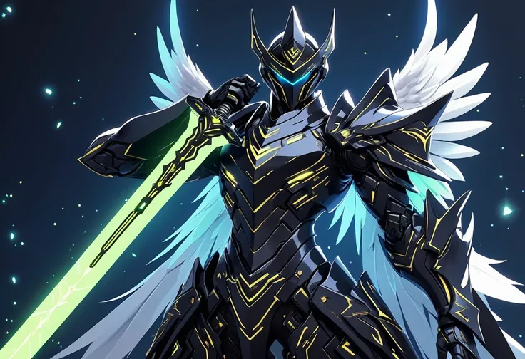 1 person. male, Solitary, Wearing black technological armor, Holding a glowing technological weapon in front of him, Holding a glowing tech sword, wing, simple glowing background , HD, masterpiece, best quality, Ultra Detailed, Super detailed,