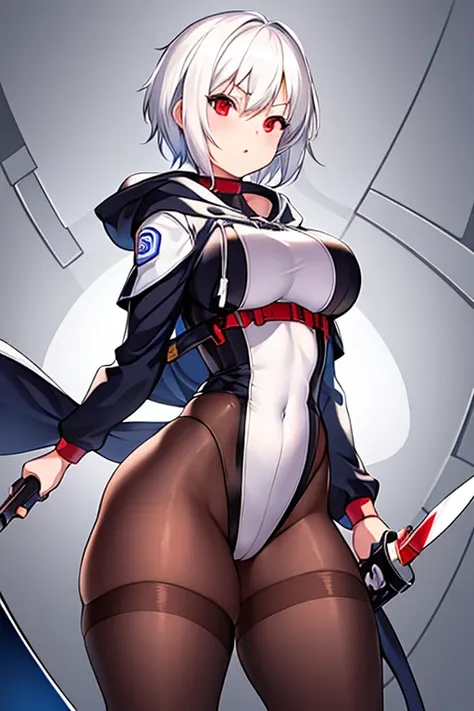 1girl, white hair, very short hair, red eyes, serious, glowing eyes, large breasts, thick thighs, athletic female, toned, leotard, black leotard, thighhighs, belt, knife, knifes, pantyhose, black pantyhose, hood, hood up, hood on, black hood,