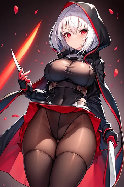 1girl, white hair, very short hair, red eyes, serious, glowing eyes, large breasts, thick thighs, athletic female, toned, leotard, black leotard, thighhighs, belt, knife, knifes, pantyhose, black pantyhose, hood, hood up, hood on, black hood,