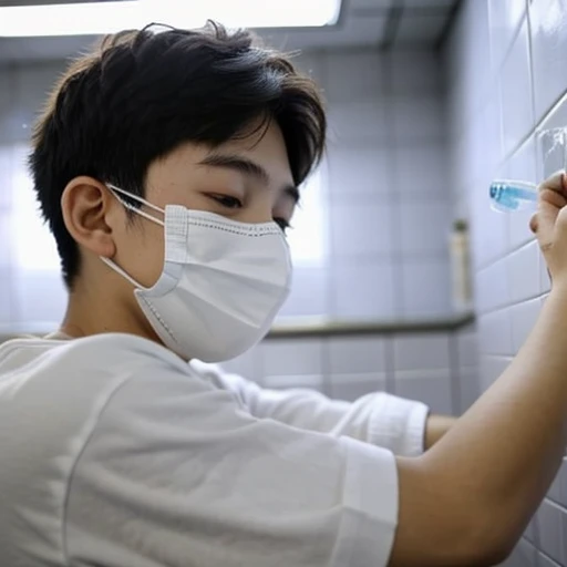 good looking１０A boy of about 18 years old is suffering from an infectious disease.、Appearance of suffering. He is wearing a white mask. He has a high fever. he is sleeping. He has a cough. He is exhausted. He is taking his temperature with a thermometer. H...