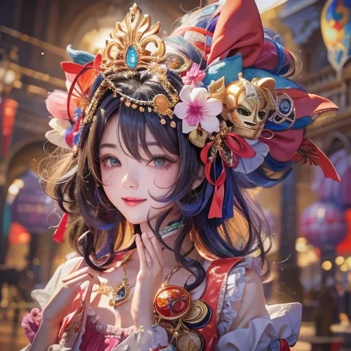 Hiding at the masquerade、Hair flow、 ((highest quality、masterpiece、8k、Best image quality、Ultra-high resolution、Award-winning works)、(Accurate anatomy:1.1)、(Look at me and smile:1.1)、Shining fair skin with Ultra-high resolution、The most detailed face、Ultra-h...