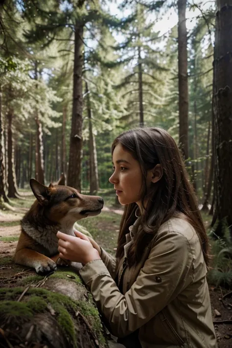 Realistic photo, Girl talking to animals in the forest, illustration for a children&#39;s fairy tale