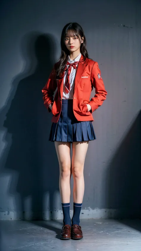 (8k、RAW Photos、highest quality、masterpiece:1.2)、(Realistic、Realistic)、1 girl、((Schoolgirl uniform、Red blazer、Check mini skirt、Navy blue socks、loafers、Chest ribbon、Standing with hands on hips))、Lots of eyelashes、Glowing eyelids、skeletally correct