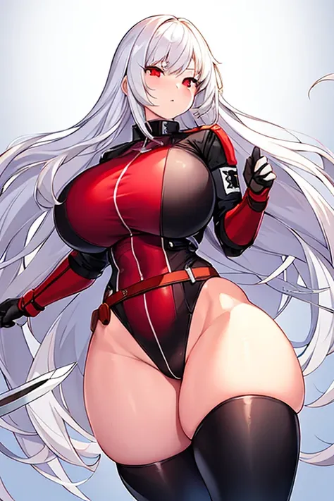 1girl, white hair, long hair, red eyes, serious, glowing eyes, large breasts, thick thighs, mature female, athletic  female, toned, leotard, black leotard, thighhighs, belt, knife