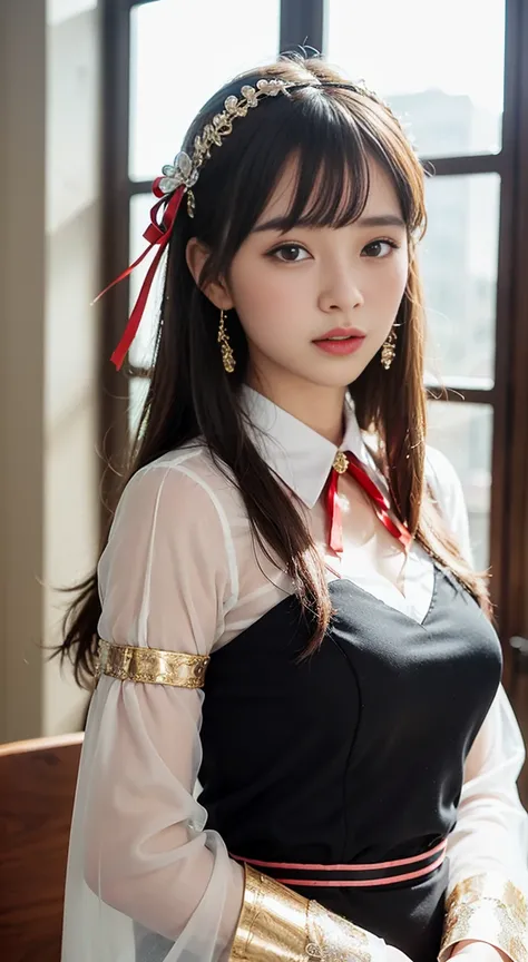 highest quality, (Realistic:1.2), One girl, alone, Detailed face, Face Focus, Are standing, Black Hair,(hair ornaments:1.35),office lady, Sleeves edged with ribbon, Removable sleeves, Ribbon trim, Wide sleeves, (View Viewer:1.5) Long Hair, Iris, bangs, lip...