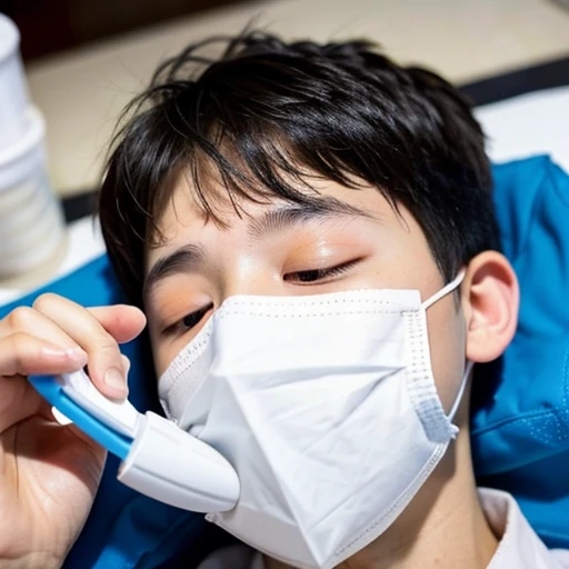 Handsome kindergarten boy with infectious disease、Appearance of suffering. He is wearing a white mask. He has a high fever. he is sleeping. He has a cough. He is exhausted. He is taking his temperature with a thermometer. He is dying. He is cooling his for...