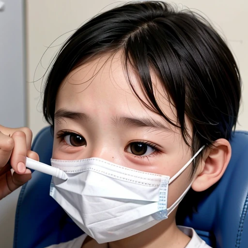 Handsome kindergarten boy with infectious disease、Appearance of suffering. He is wearing a white mask. He has a high fever. he is sleeping. He has a cough. He is exhausted. He is taking his temperature with a thermometer. He is dying. He is cooling his for...