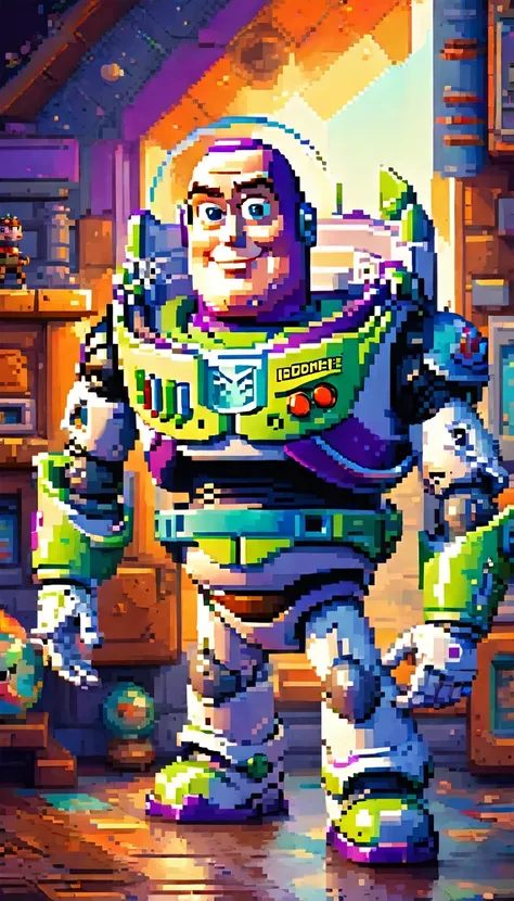 A highly detailed 3D render of Buzz Lightyear, pixelated style, intricate pixel art, clean lines, bold colors, retro video game aesthetic, nostalgic, vibrant, 8-bit, low poly, sharp focus, dynamic lighting, cinematic composition, masterpiece, hyperdetailed