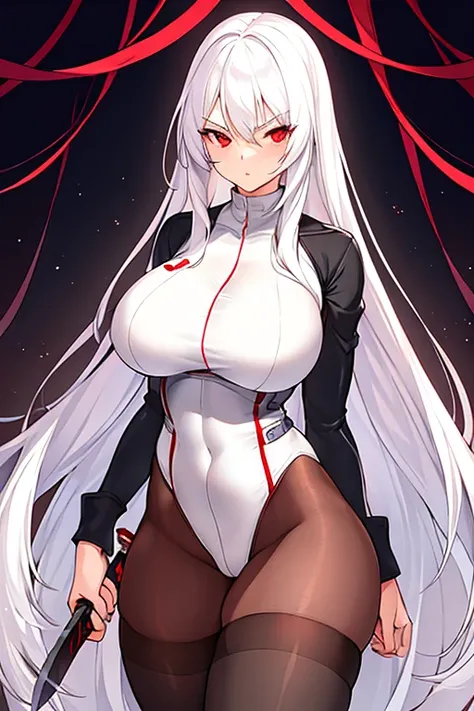 1girl, white hair, long hair, red eyes, serious, glowing eyes, large breasts, thick thighs, mature female, athletic  female, toned, leotard, black leotard, thighhighs, belt, knife, knifes, pantyhose