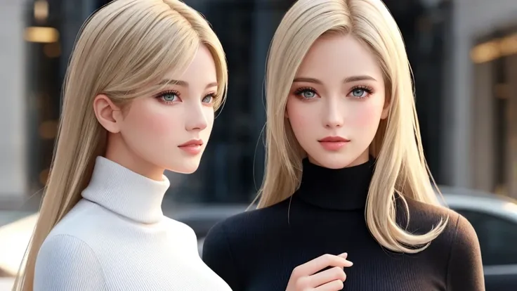 European and American women, Fashion Model, Wearing turtleneck tops, Glamour, Paparazzi take pictures of her, Blonde Hair, Brown eyes, 8k, high quality, masterpiece, 最high quality，Kilo, Very detailed, Volumetric lighting, Realistic