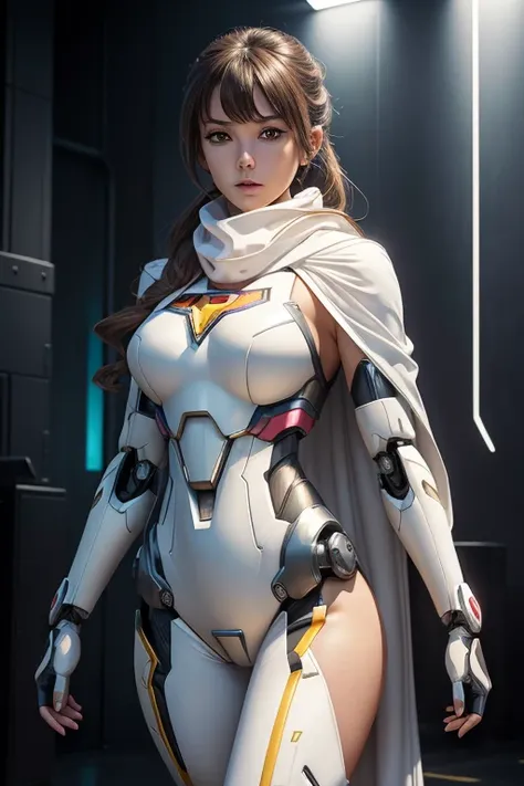 bust ((Half Body)) hyperrealistic masterpiece, Superheroine Girl ((Aesthetic style of mecha sci-fi)) Extremely sophisticated high-tech tight plug suit ((With scarf & White Cape)), Cinema Lighting: 8k