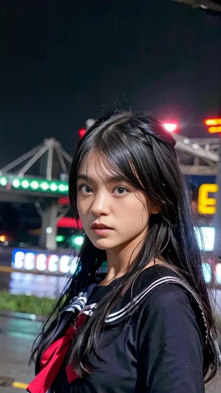 best quality, ultra high res, (photorealistic:1.4), 1girl, the girl wearing black sailor uniform, visual kei hair, gothic, night, city scape background, city light, cinematic lighting, 80s filter, zoom to face, detailed face , looking at viewer, front view