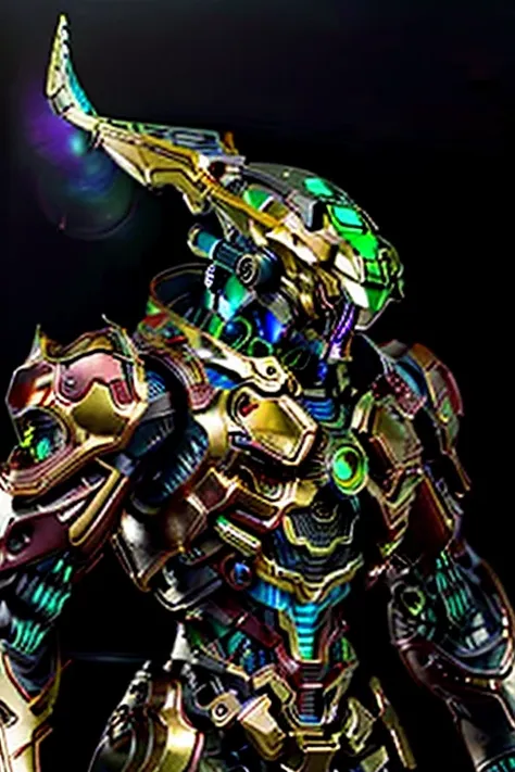 3D illustration((4K,Detailed)) A dynamic image of a metallic gold android, resembling a human from the near future, running through the darkness., The background is a mental landscape of fluorescent green IO data swirling in 0s and 1s.