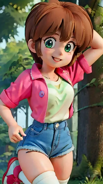 1 girl, hiyama Hikaru, running along a forest path, wearing short jean shorts and thigh high socks, and a bright green, tight, shirt, grinning ear to ear, bright sunny day