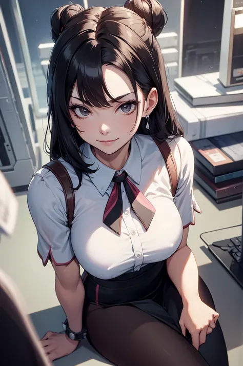 juri han, work of art, tight white secretary shirt with black tie, black high waist skirt, short skirt, black hair, black tights,evil smile,office,franja nos olhos,lighting,chifre de cabelos,view from above,olhando para cima,sorriso
