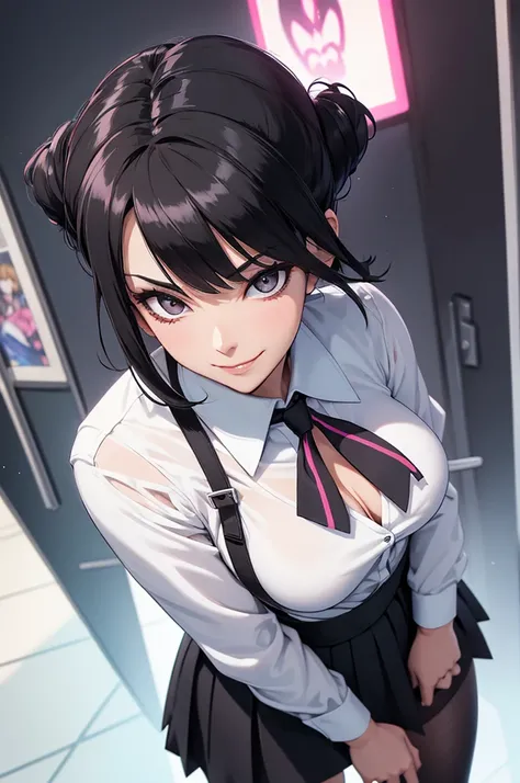 juri han, work of art, tight white secretary shirt with black tie, black high waist skirt, short skirt, black hair, black tights,evil smile,office,franja nos olhos,lighting,chifre de cabelos,view from above,olhando para cima,sorriso
