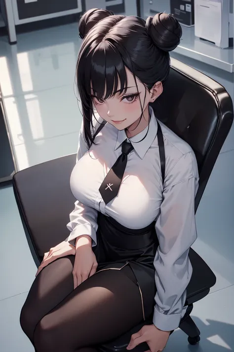 juri han, work of art, tight white secretary shirt with black tie, black high waist skirt, short skirt, black hair, black tights, evil smile, office, bangs in the eyes, lighting, hair horn, vision of up, looking up, smile, sitting on an office chair, legs ...