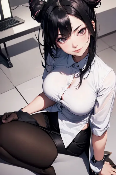 juri han, work of art, tight white secretary shirt with black tie, black high waist skirt, short skirt, black hair, black tights, evil smile, office, bangs in the eyes, lighting, hair horn, vision of up, looking up, smile, sitting on an office chair, legs ...