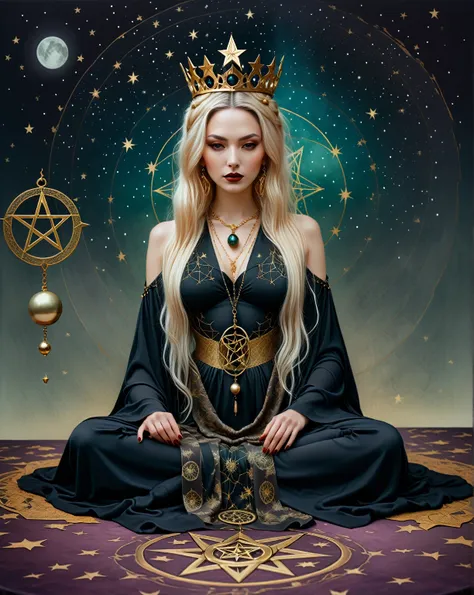 tarot card, chiaroscuro technique on sensual illustration of an queen of pentacle, vintage queen, earthy eerie, matte painting, ...