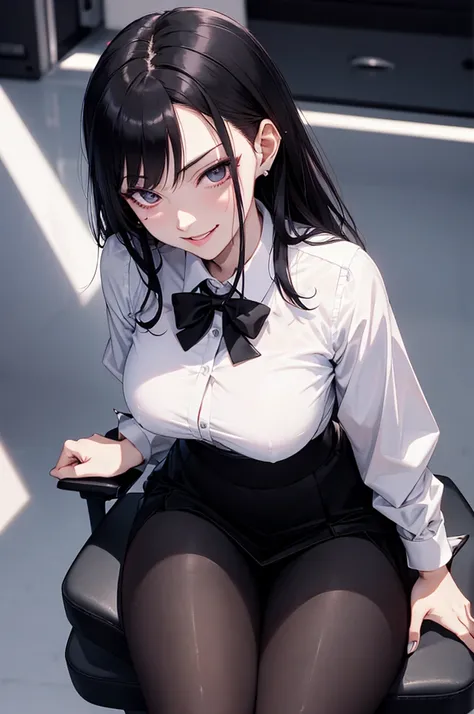 juri han,evil smile, work of art, tight white secretary shirt with black tie, black high waist skirt, short skirt, black hair, black tights, evil smile, office, bangs in the eyes, lighting, hair horn, vision of up, looking up, evil smile, sitting on an off...