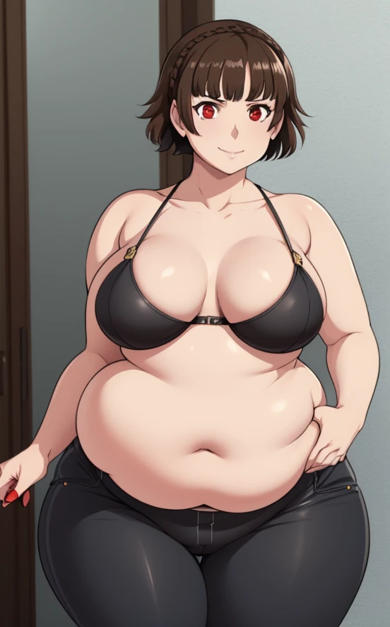 makoto nijima, blunt bangs, braid, brown hair, crown braid, (red eyes:1.3), short hair, fat, solo 1 girl, big belly, chubby girl, teasing with her fat belly, smiling, sexy