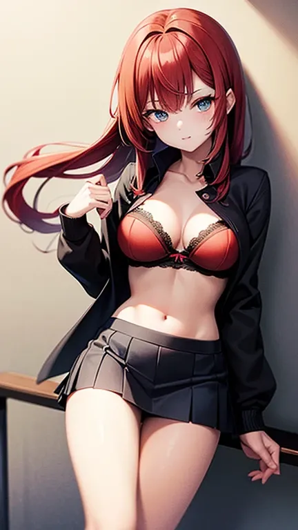 An anime girl with red hair and blue eyes wearing a skirt and an open shirt revealing a black and red bra