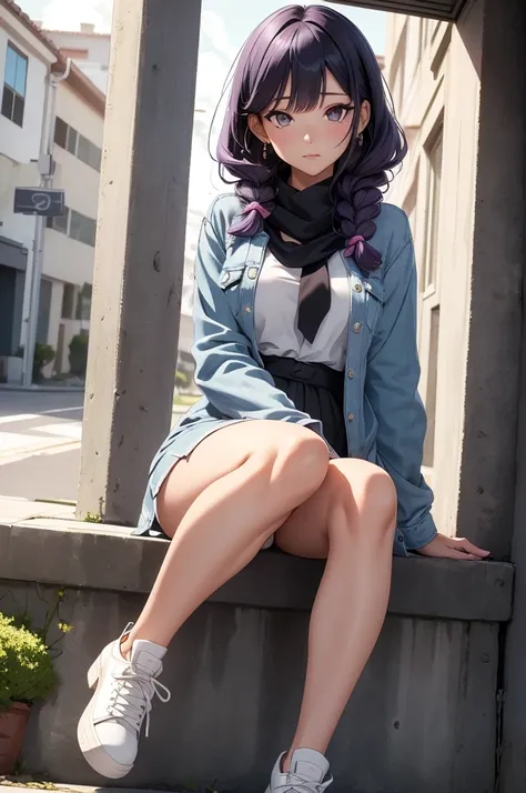 Generate a detailed, high-quality, 8k image of Hinata Hyuga from Naruto Shippuden, showcasing her full appearance and a modern, fashionable outfit suitable for contemporary settings. Start by emphasizing Hinatas soft lavender hair, styled in loose waves th...