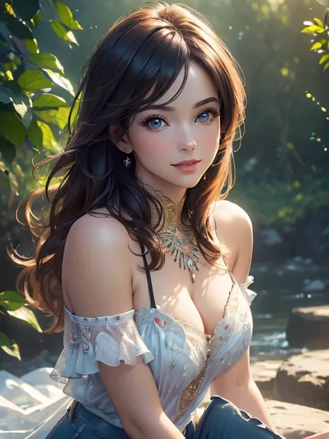 (((masterpiece, portrait))), (((Best quality,ultra detailed,Photorealistic:1.6))), (((deep neckline))), bright and rich colors,studio lighting,Playful expression,stylish makeup, short denim shorts,hair fluttering in the wind,inviting eyes,shiny lips,sexy p...