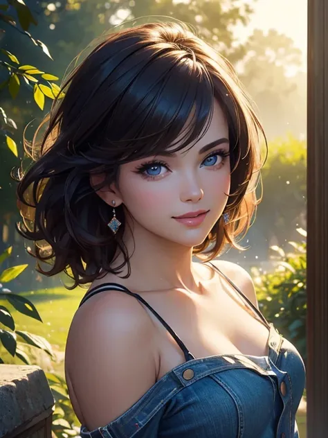 (((masterpiece, portrait))), (((Best quality,ultra detailed,Photorealistic:1.4))), (((deep neckline))), bright and rich colors,studio lighting,Playful expression,stylish makeup, short denim shorts,hair fluttering in the wind,inviting eyes,shiny lips,sexy p...