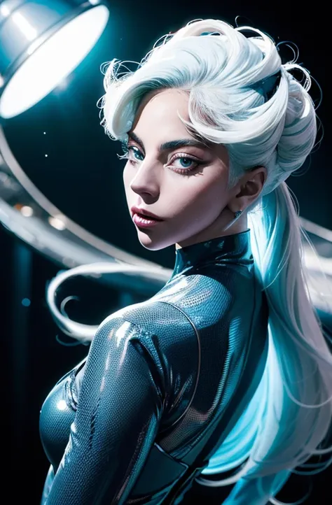 (Lady Gaga com 35 anos, sozinha:1.2, shot from behind, dynamic pose), (Big head spinning:1.3), Cinematic shot, dramatic lighting emphasizing shadows, detalhes ricos em textura, efeito laser para adicionar profundidade, melhor qualidade. So de calcinha azul...