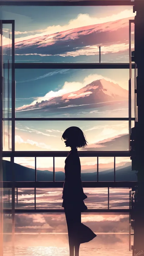 anime,silhouette,1girl, cloud, outdoors, skyscraper, city lights, blue sky, skyline,morning,waking,In nature,Mountain,Couple