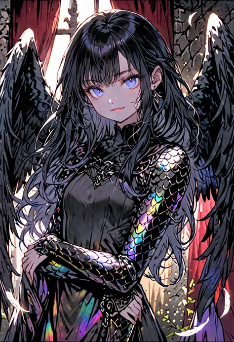 solo, female, sfw, medium shot, long hair, black hair, flowing hair, wavy hair, piercing blue eyes, talon hands, scales on forearms, harpy, black scales, lithe, black feathers, large wings, iridescent feathers, athletic, coy smile, small breasts, warm, cur...