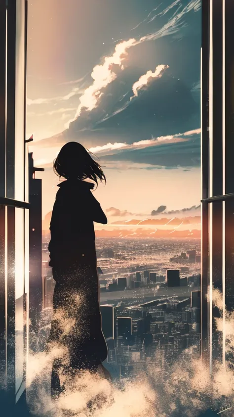 anime,silhouette,1girl, cloud, outdoors, skyscraper, city lights, blue sky, skyline,morning,waking,In nature,Mountain,Couple,Many books