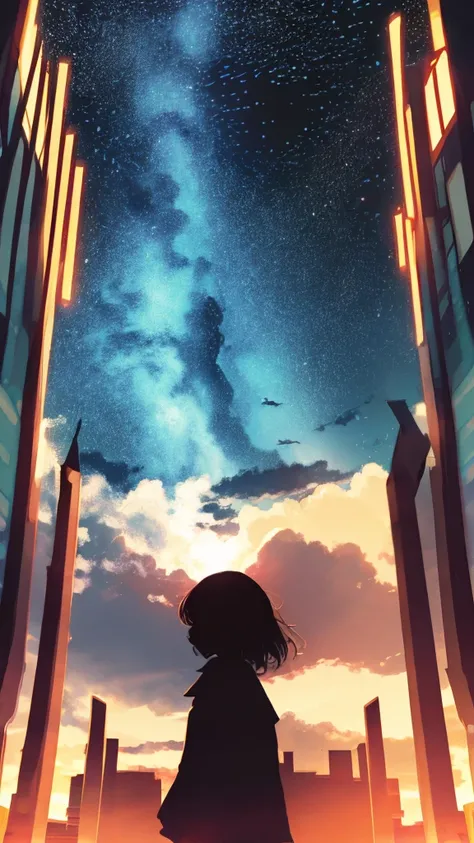 anime,silhouette,1girl, cloud, outdoors, skyscraper, city lights, blue sky, skyline,morning,waking,In nature,Mountain,Couple,Many books