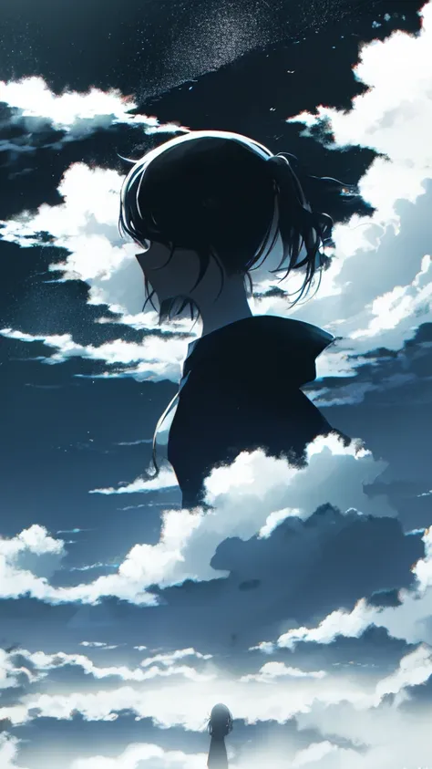 anime,silhouette,1girl, cloud, outdoors, skyscraper, city lights, blue sky, skyline,morning,waking,In nature,Mountain,Couple,Black and white only