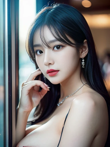 Miho, 1 girl, detailed face, a woman with long black hair and a off shoulder revealing breasts (((Nsfw))), hotelscene, (night light), wet body, led lighting, magnificent light, close up, portrait, upperbody, RAW, (intricate details:1.3), (best quality:1.3)...