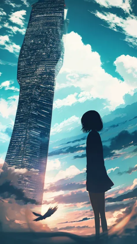 anime,silhouette,1girl, cloud, outdoors, skyscraper, city lights, blue sky, skyline,morning,waking,In nature,Mountain,Couple,Black and white only