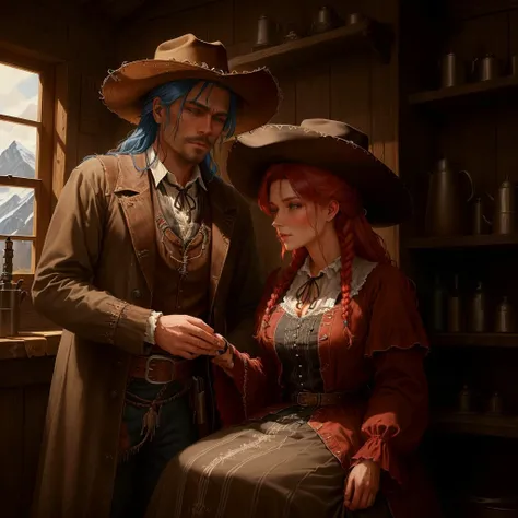 Kleidung im Wildwest Stil. He's wearing a hat. Sie hat eine rote Schleife im Haar. Sie ist Richterin, Red dead redemntion 2 online, in a cabin in the Wild West, Samstagabend in einem Saloon, melodramatische Stimmung